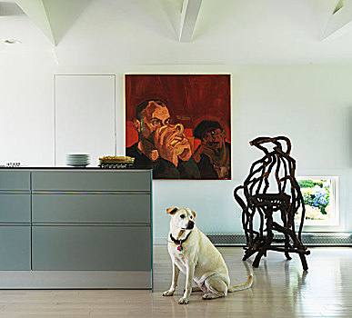狗,坐,厨房,围绕,现代,艺术品,雕塑