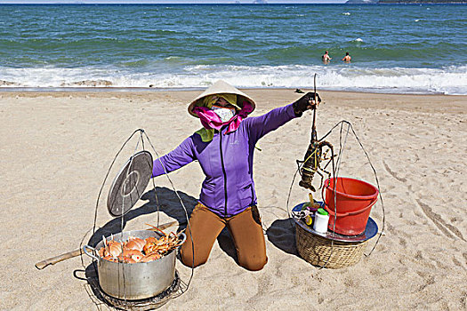 越南,芽庄,芽庄海滩,女人,销售,清新,海鲜,海滩