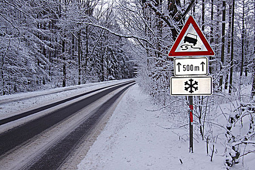警告,标识,冬天,道路,危险,滑动,黑色,冰,雪,树林,石荷州,德国,欧洲
