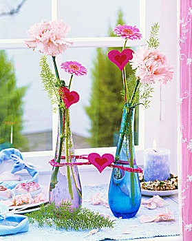 康乃馨,大丁草,装饰,芦笋,玻璃花瓶