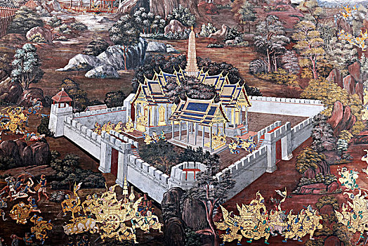 佛教寺庙,复杂,场景,壁画,玉佛寺,苏梅岛,曼谷,泰国,亚洲