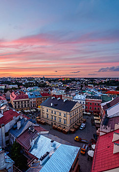 市场,广场,日落,俯视图,老城,卢布林,波兰,欧洲