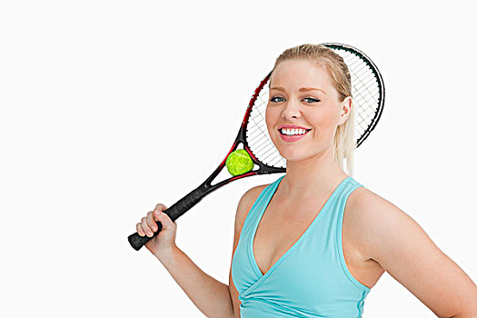 微笑,女人,拿着,网球拍,球,白色背景