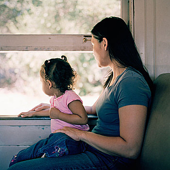 母女,列车,看穿,窗户
