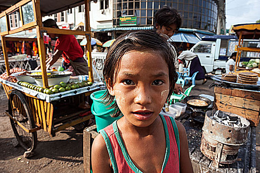 女孩,正面,餐饮摊,街道,仰光,缅甸,亚洲