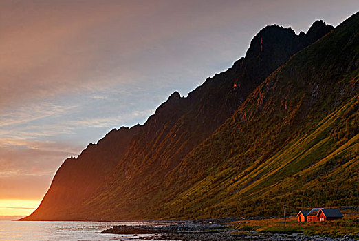 日落,上方,后面,特色,红色,小屋,靠近,岛屿,挪威,欧洲