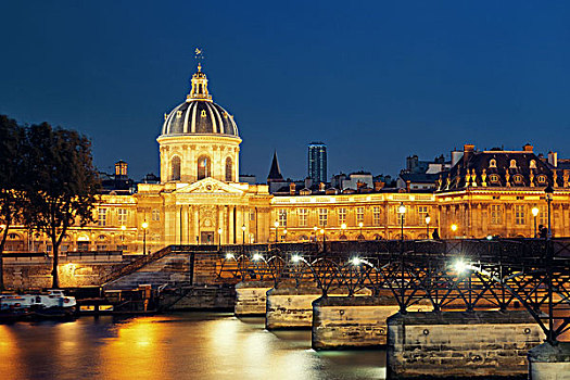 塞纳河,艺术桥,法兰西学院,夜晚,巴黎,法国