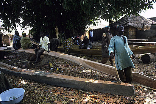 非洲,冈比亚,河,渔村,雕刻,独木舟