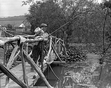两个男孩,站立,木质,步行桥,钓鱼