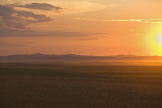 日落,后面,风轮机,内蒙古,中国