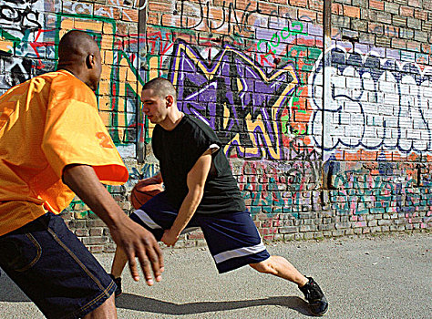 男人,运球,篮球,对手,阻挡,靠近,墙壁