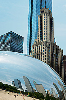 银,雕塑,反射,行人,建筑,摩天大楼,背景,芝加哥,伊利诺斯,美国