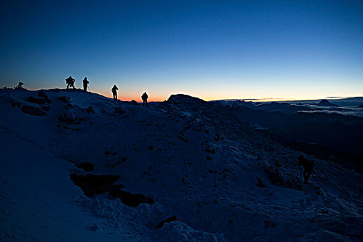 攀登者,冬天,日出,巴伐利亚阿尔卑斯山,上巴伐利亚,巴伐利亚,德国