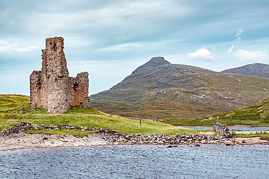城堡遗迹,城堡,半岛,湖,萨瑟兰,苏格兰高地,苏格兰,英国
