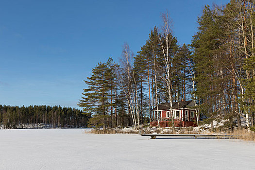 芬兰,区域,屋舍,岛屿,冬天