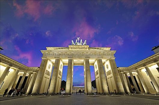 勃兰登堡门,泛光灯照明,正面,夜空,柏林,德国,欧洲