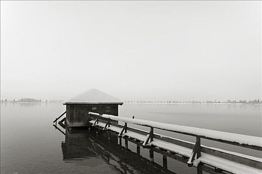 船库,栈桥,湖岸,科赫尔湖,冬天,巴伐利亚,德国