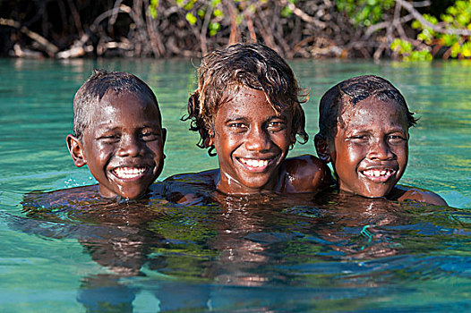 友好,孩子,男孩,水,泻湖,所罗门群岛,太平洋