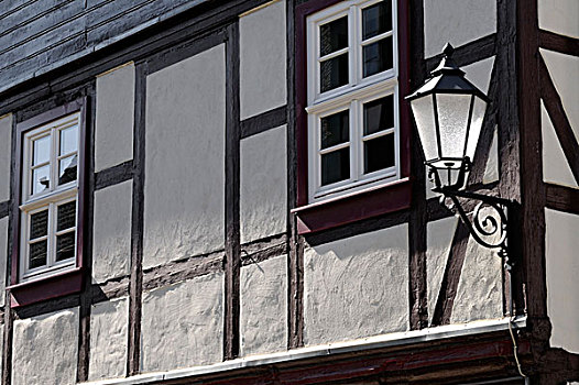 老,街道,灯,半木结构,房子,韦尼格罗德,萨克森安哈尔特,德国,欧洲
