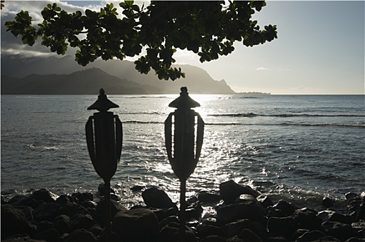 日落,上方,湾,考艾岛,夏威夷