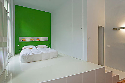 卧室,区域,白色,树脂,地面,床,绿色,墙壁
