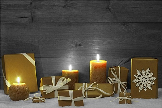 圣诞装饰,黄色,蜡烛,礼物,雪