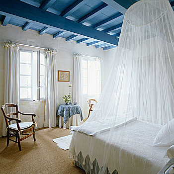 白色,篷子,高处,床,卧室,郊区住宅,蓝色,天花板