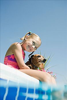 女孩,宠物,达克斯猎狗,游泳池