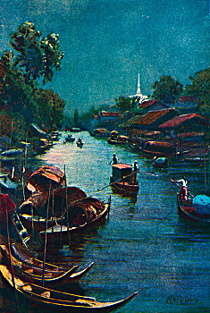 特色,运河,场景,曼谷,艺术家