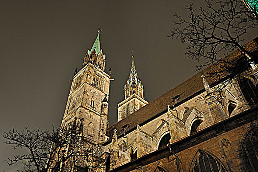 教堂,夜晚,纽伦堡,巴伐利亚,德国
