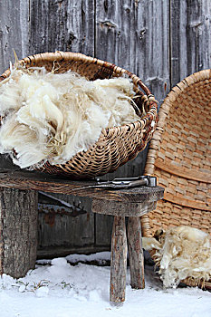 毛织品,乡村,凳子,正面,木板墙,雪中