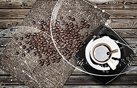 杯子,浓咖啡,咖啡,咖啡豆,帆布,风化,木桌子,咖啡时间,象征,插画
