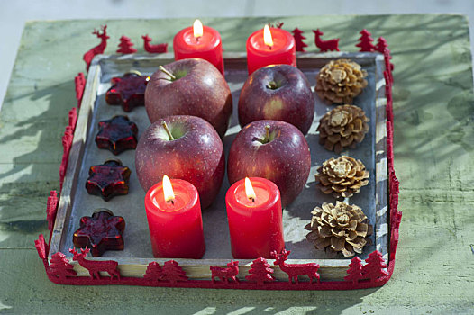 木质,托垫,红色,蜡烛,苹果,苹果树