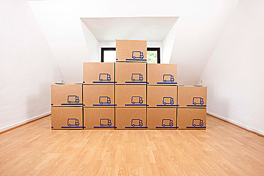 移动,盒子,一堆,空,房间,阁楼,公寓