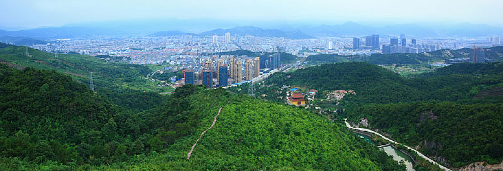 宁海,全景,俯瞰,城市,山,绿色,夏天