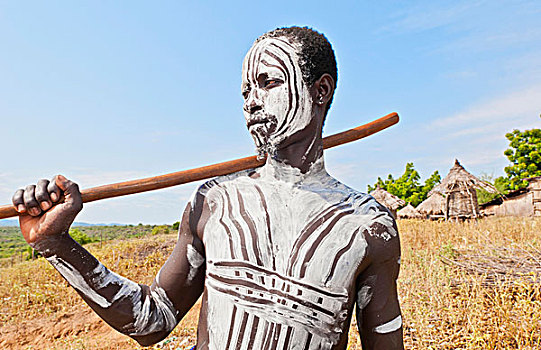 埃塞俄比亚,乡村,奥莫低谷,卡罗部落,年轻,战士,白色,脸绘