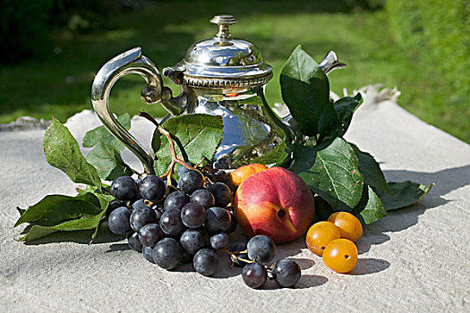 季节,静物,种类,秋天,水果,银,茶壶,花园