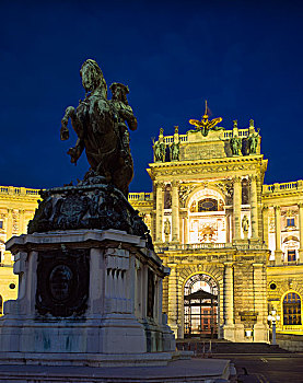 霍夫堡皇宫,王子,尤金,皱叶甘兰,雕塑,夜晚,文艺复兴,风格,建筑,住宅,英雄,广场,维也纳,奥地利
