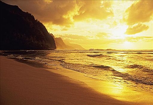 夏威夷,考艾岛,纳帕利海岸,海滩,日落,金色,橙色,反射