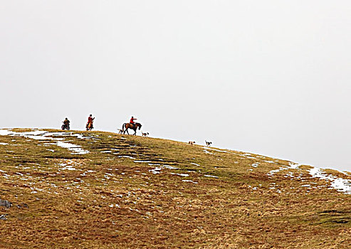 诺森伯兰郡,英格兰,多人,骑马,上面,山,痕迹,雪