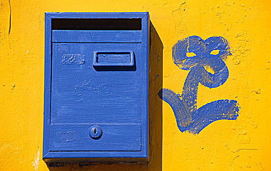 特写,蓝色,邮箱,黄色,墙
