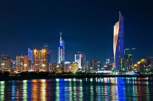 科威特城,天际线,反射,水中