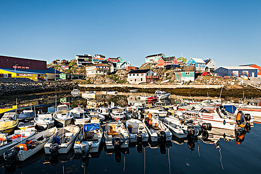港口,摩托艇,蓝天,西格陵兰,格陵兰,北美