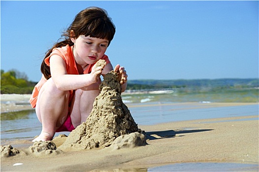 小女孩,孩子,儿童,玩,沙堡,海滩,暑假,海洋