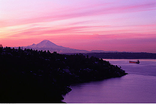 俯视,普吉特湾,黄昏,靠近,西雅图,华盛顿,美国