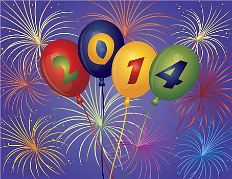 新年快乐,气球,烟花,插画
