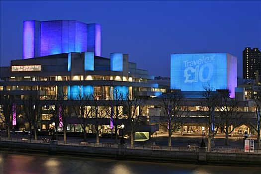 国家剧院,建筑,光亮,蓝色,黄昏,伦敦,英格兰,英国