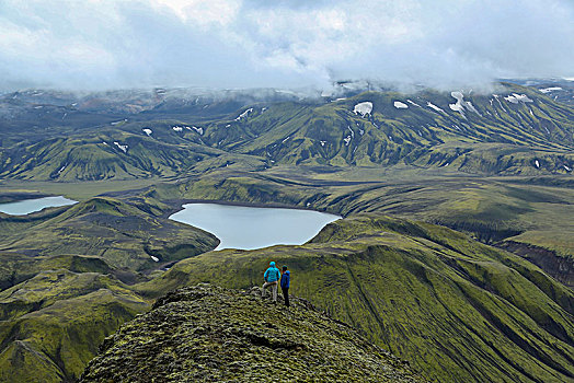 冰岛,两个,远足,正面,宽,风景,湖,山,云