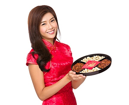 中国人,女人,拿着,餐食,托盘,月亮,新年