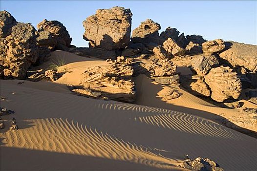 侵蚀,岩石构造,高处,沙丘,波纹,落日,利比亚,北非